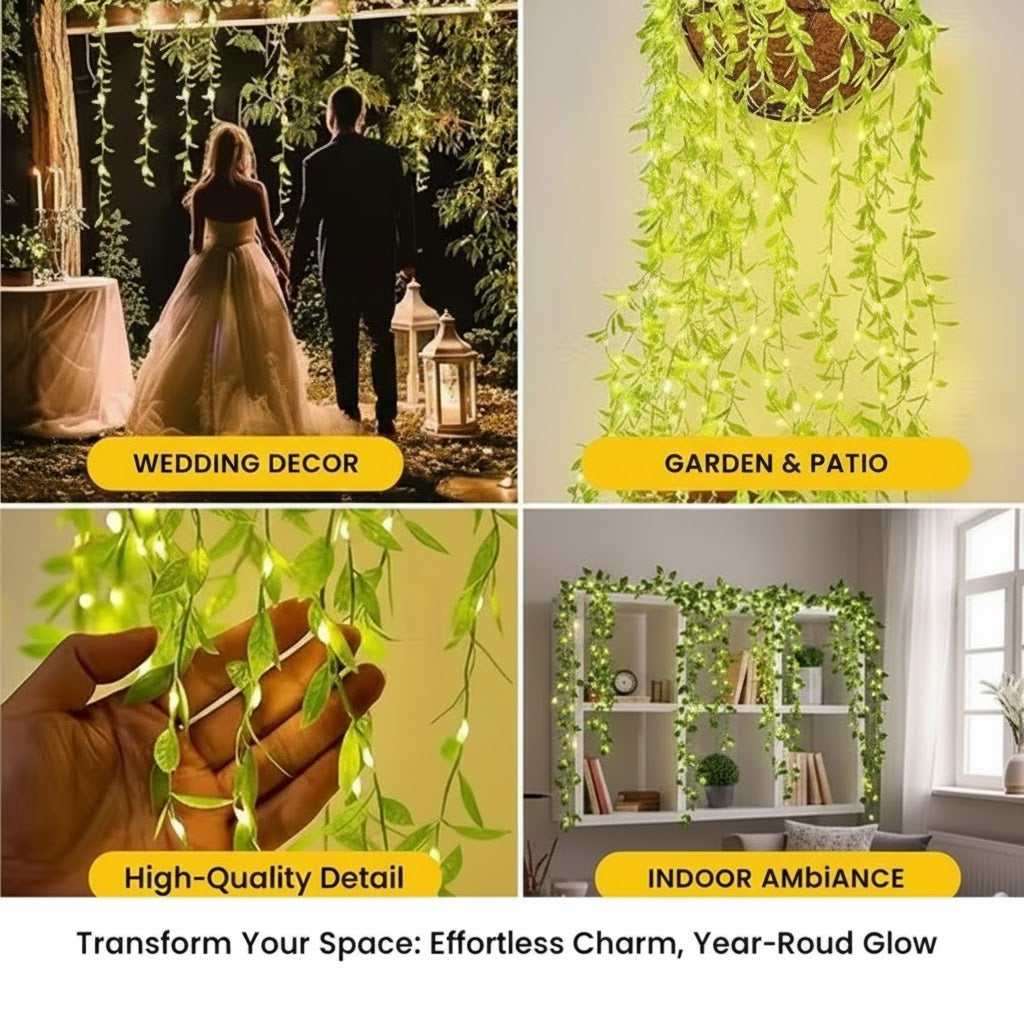 WTC 200 LED Leaf Curtain String Light | Artificial Vine Fairy Lights with Remote & 8 Modes | USB Plug for Diwali, Home & Garden Décor