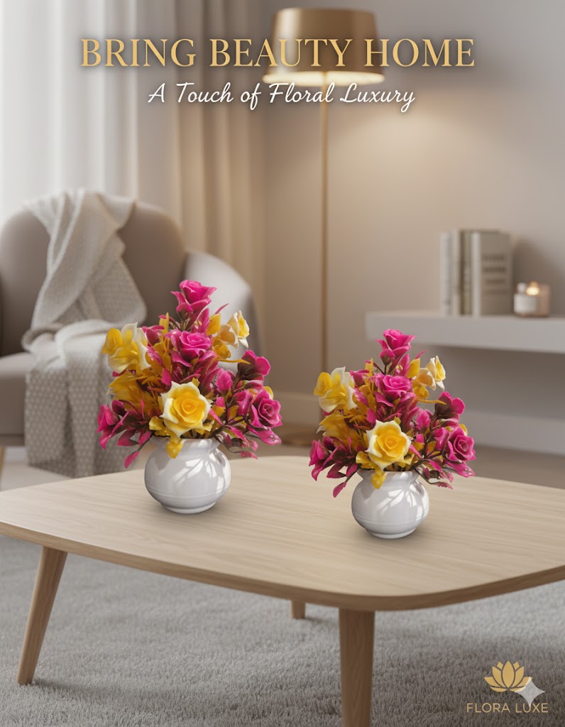 Bonsai Artificial Rose Plant (Set of 2) | Home, Office, Indoor & Outdoor Decoration | Real-Look Decorative Potted Plants